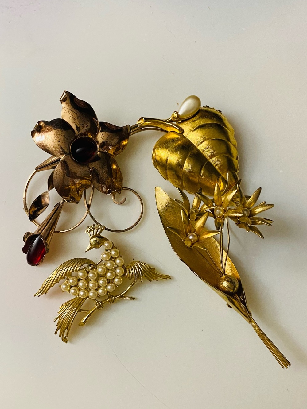 Gold-Tone Floral and Pearl Bird Brooch Set including one stamped TRUART STERLING